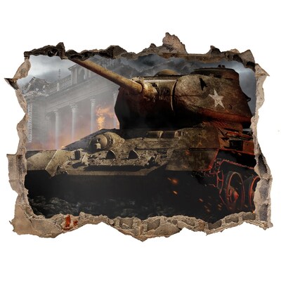 Wandsticker 3D gat met uitzicht Tank in de ruïnes van de stad