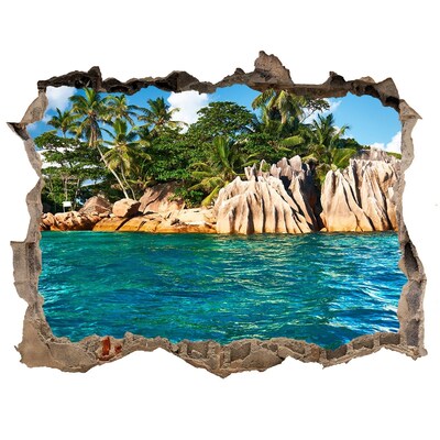 Wandsticker 3D gat met uitzicht Exotisch strand met palmbomen