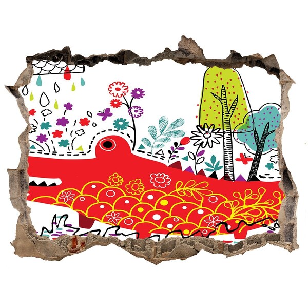 Zelfklevende muursticker 3D gat Krokodil in een kleurrijk landschap