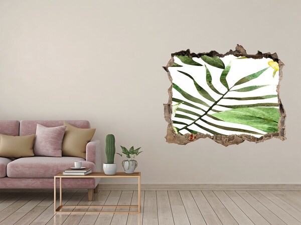 Zelfklevende 3D wandsticker illusie Groene palmboom door een gat in de muur