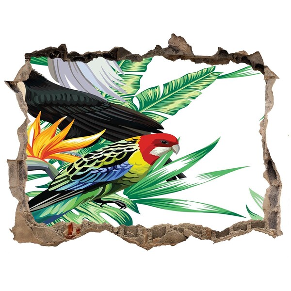Zelfklevende muursticker 3D gat Exotische jungle met vogels