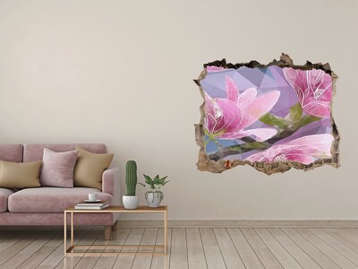 Wandsticker 3D gat met uitzicht Magnoliabloemen in een gat in de muur