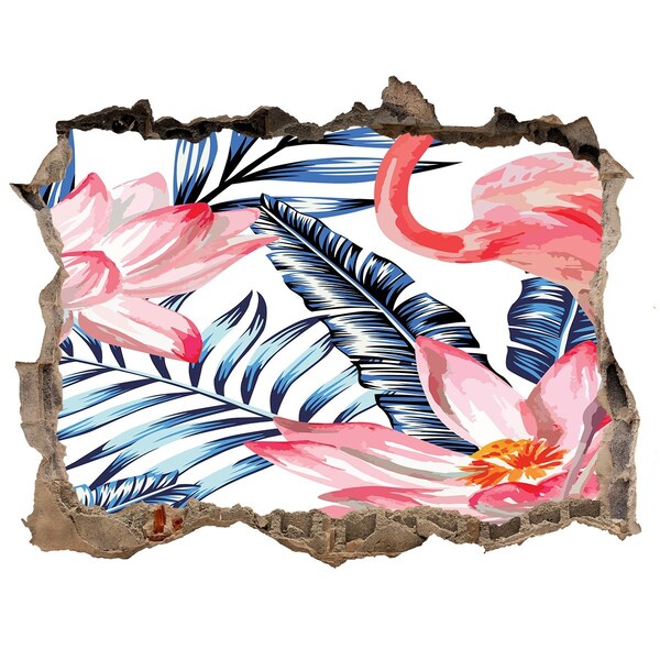 Wandsticker 3D gat met uitzicht Tropisch paradijs met flamingo's