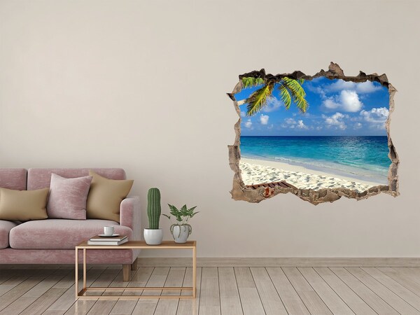 Wandsticker 3D doorkijk Tropisch strand met een palmboom