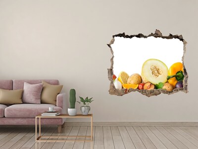 Zelfklevende 3D wandsticker illusie Fruit en groenten in een gat in de muur