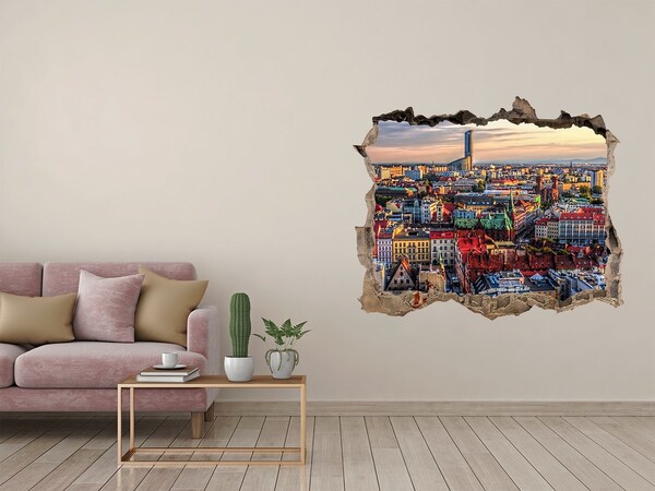 Wandsticker 3D doorkijk Een vogelperspectief van de stad