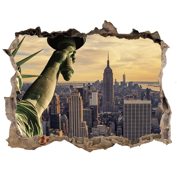 Zelfklevende 3D wandsticker illusie New York met uitzicht op het Vrijheidsbeeld.