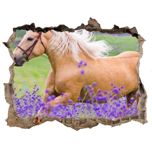Zelfklevende 3D wandsticker illusie Een paard in een lavendelveld