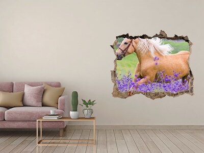 Zelfklevende 3D wandsticker illusie Een paard in een lavendelveld