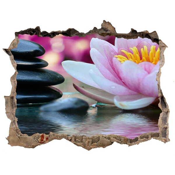 Wandsticker 3D gat met uitzicht Bloemen en stenen in een zen-tuin