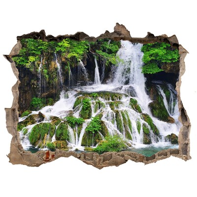 Wandsticker 3D gat met uitzicht Een waterval in een groene omgeving