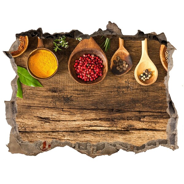 Wandsticker 3D doorkijk Keukenkruiden op een houten aanrecht.