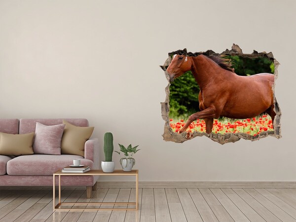 Wandsticker 3D gat met uitzicht Een paard in een veld vol klaprozen