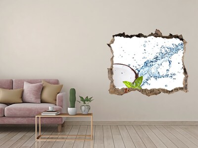 Wandsticker 3D gat met uitzicht Kokosoase met een waterval