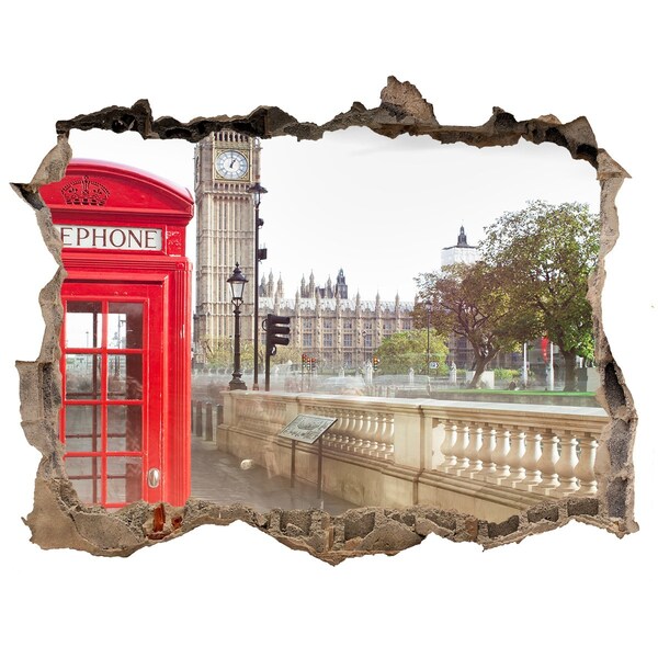 Zelfklevende 3D wandsticker illusie Uitzicht op Londen door een gat in de muur.