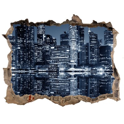 Wandsticker 3D doorkijk Stad 's nachts aan de rivier