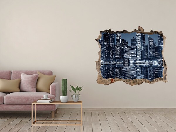 Wandsticker 3D doorkijk Stad 's nachts aan de rivier