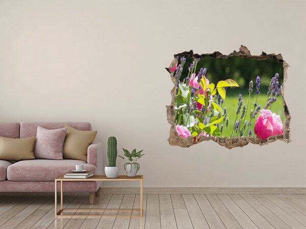 Wandsticker 3D gat met uitzicht Een bloemenparadijs achter de muur.