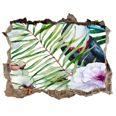 Zelfklevende muursticker 3D gat Tropische oase met een vogel