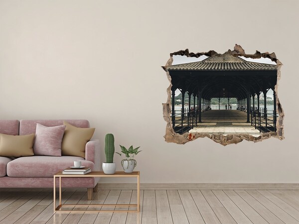 Zelfklevende muursticker 3D gat Uitzicht op de pier vanaf het water.