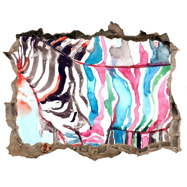 Wandsticker 3D gat met uitzicht Zebra op een kleurrijke achtergrond