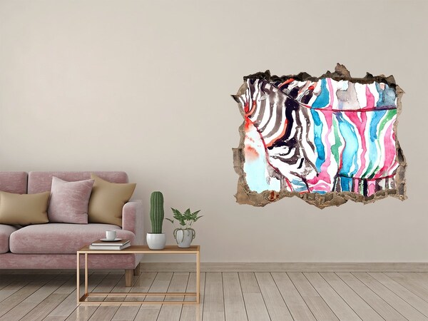 Wandsticker 3D gat met uitzicht Zebra op een kleurrijke achtergrond