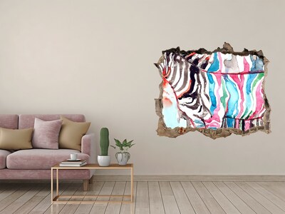 Wandsticker 3D gat met uitzicht Zebra op een kleurrijke achtergrond
