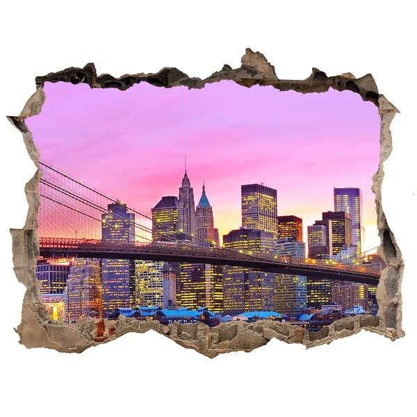 Wandsticker 3D gat met uitzicht De skyline van New York bij zonsondergang
