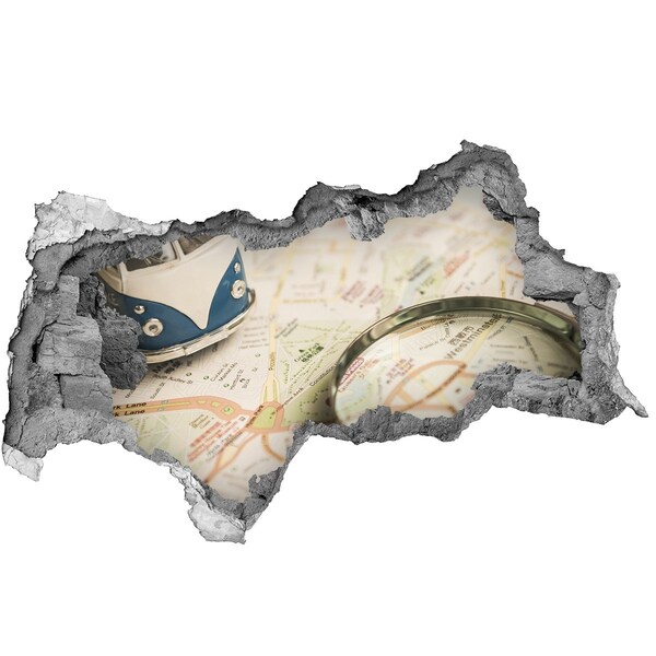 Wandsticker 3D gat met uitzicht Kaart met vergrootglas in een gat in de muur