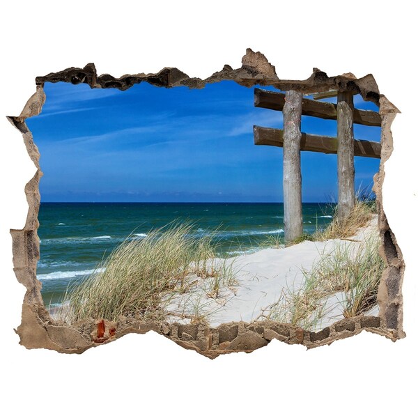 Wandsticker 3D gat met uitzicht Tropisch strand met een houten pier