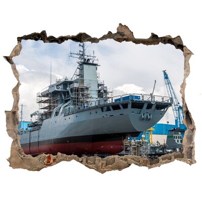 Wandsticker 3D gat met uitzicht Een schip in de scheepswerf