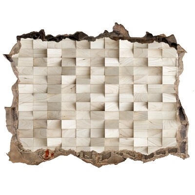 Wandsticker 3D doorkijk Een beschadigde muur met een houten mozaïek.
