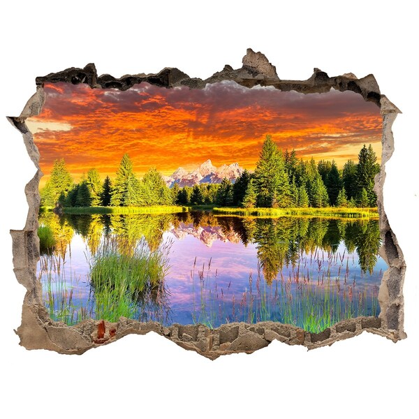 Wandsticker 3D gat met uitzicht Berglandschap bij zonsondergang
