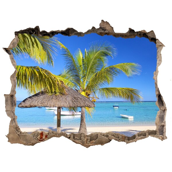Zelfklevende 3D wandsticker illusie Tropisch strand met palmbomen