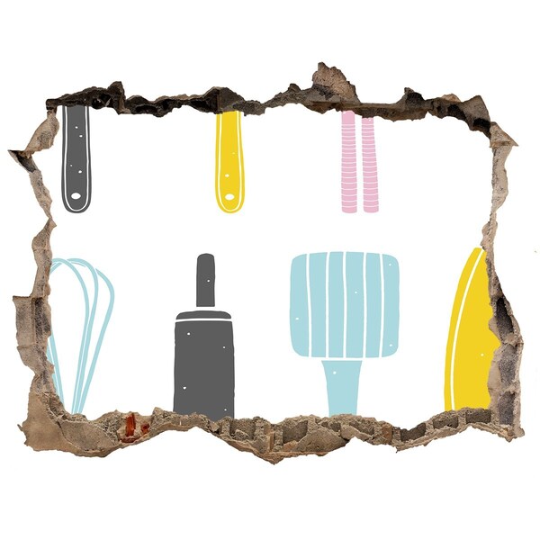 Zelfklevende 3D wandsticker illusie Keukengereedschap in een gat in de muur