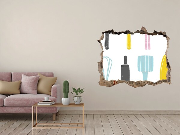 Zelfklevende 3D wandsticker illusie Keukengereedschap in een gat in de muur