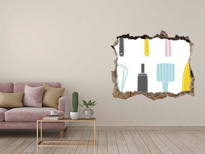 Zelfklevende 3D wandsticker illusie Keukengereedschap in een gat in de muur