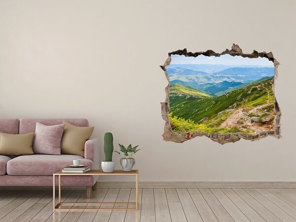 Wandsticker 3D gat met uitzicht Berglandschap met een pad