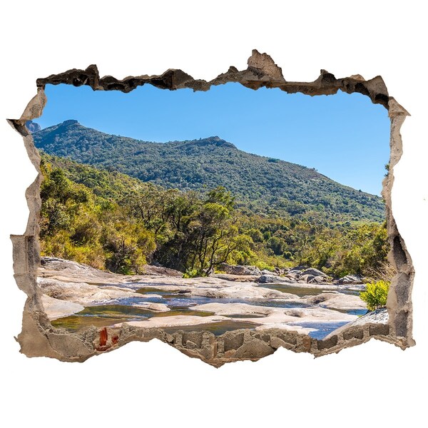 Zelfklevende 3D wandsticker illusie Berglandschap achter het gat in de muur