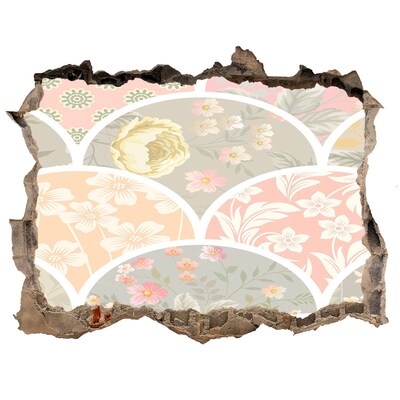 Wandsticker 3D gat met uitzicht Bloemenpatroon achter een beschadigde muur