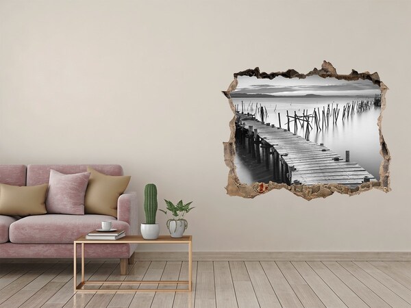 Zelfklevende 3D wandsticker illusie Pier in een mistige omgeving