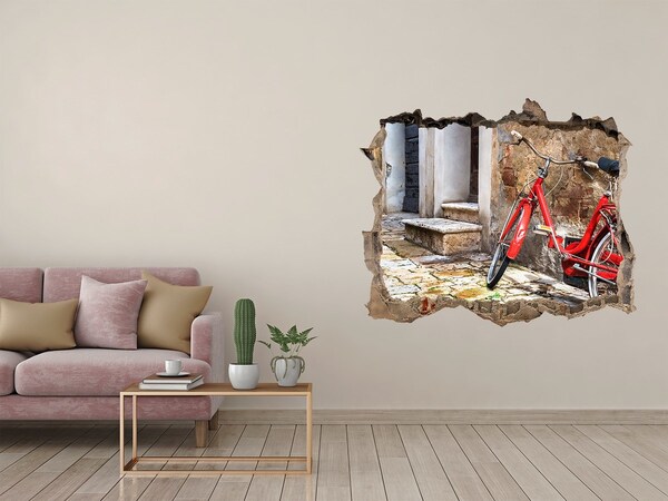 Zelfklevende muursticker 3D gat Een rode fiets in een charmante straat.