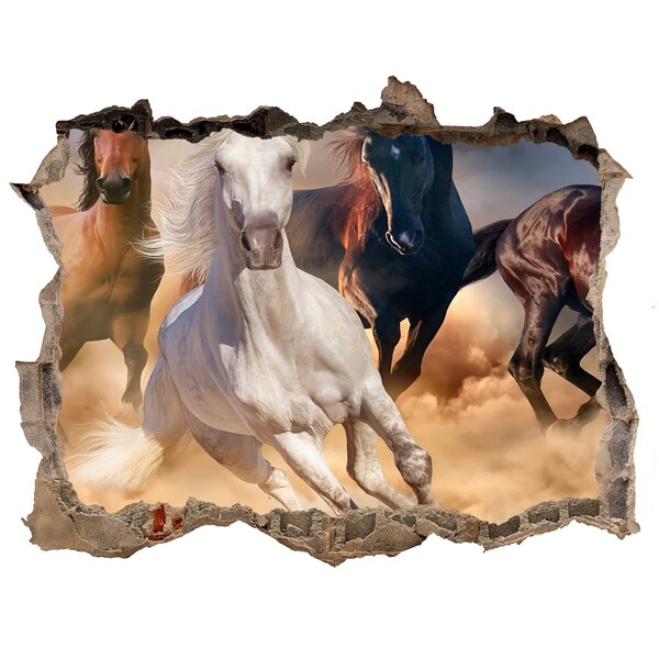Wandsticker 3D gat met uitzicht Galopperende paarden dwars door de muur