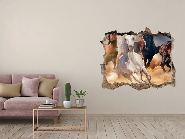 Wandsticker 3D gat met uitzicht Galopperende paarden dwars door de muur