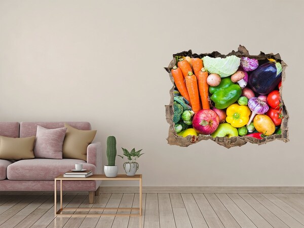 Zelfklevende 3D wandsticker illusie Kleurrijke groenten en fruit in een gat in de muur