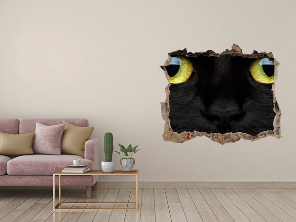 Zelfklevende muursticker 3D gat Zwarte kat door een gat in de muur