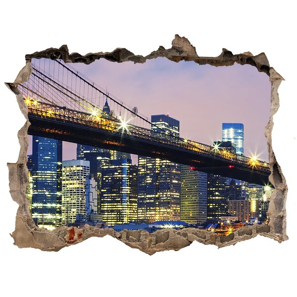 Wandsticker 3D gat met uitzicht Brooklyn Bridge 's nachts