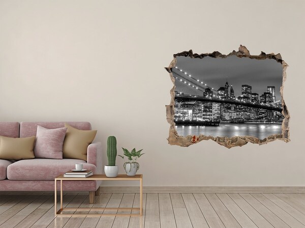 Zelfklevende muursticker 3D gat De skyline van New York 's nachts