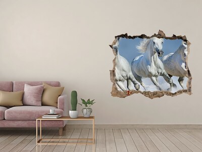 Wandsticker 3D gat met uitzicht Witte paarden loslopend