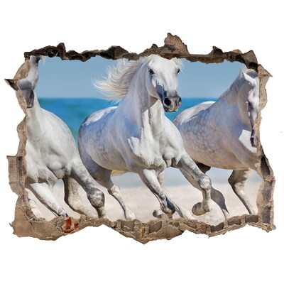 Wandsticker 3D doorkijk Witte paarden op het strand